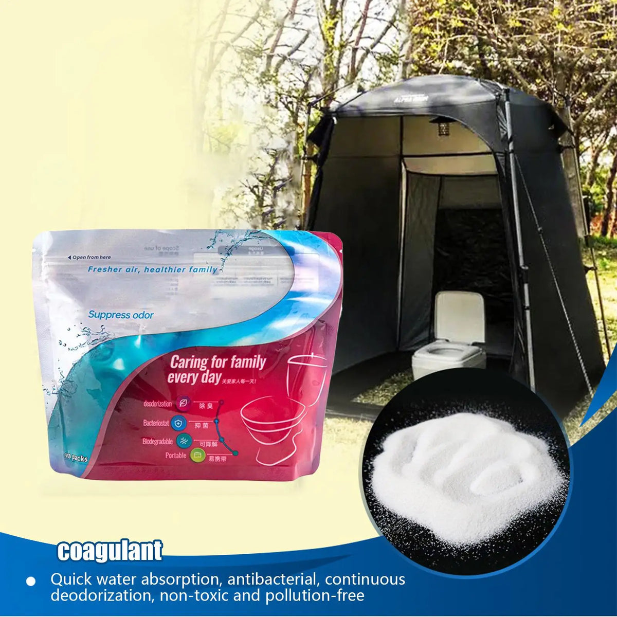 Portable Toilet Absorbent Powder 30 Pcs | Camping & Hiking