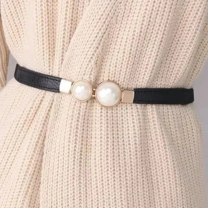 Women's Elastic Pearl Buckle Thin Belt – PU Waist Strap