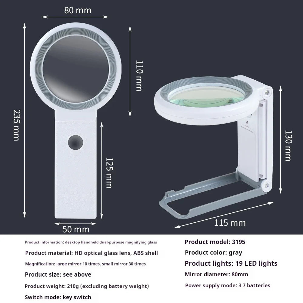 Desktop & Handheld Magnifying Glass 30X 10X with 18 LED Lights