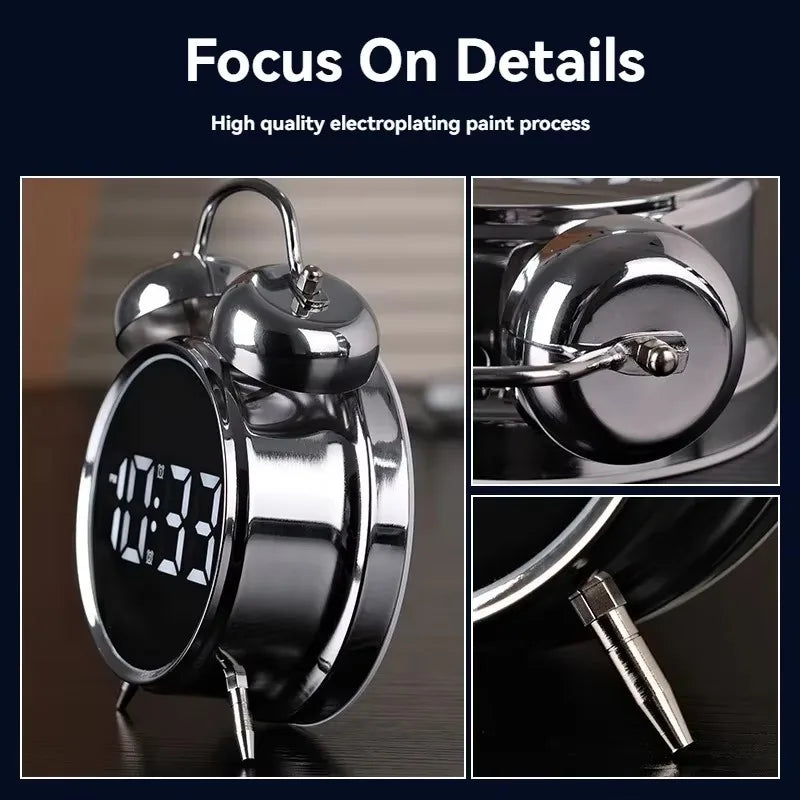 Dual Bell Digital Alarm Clock – LED Display, Metal, Kids & Adults