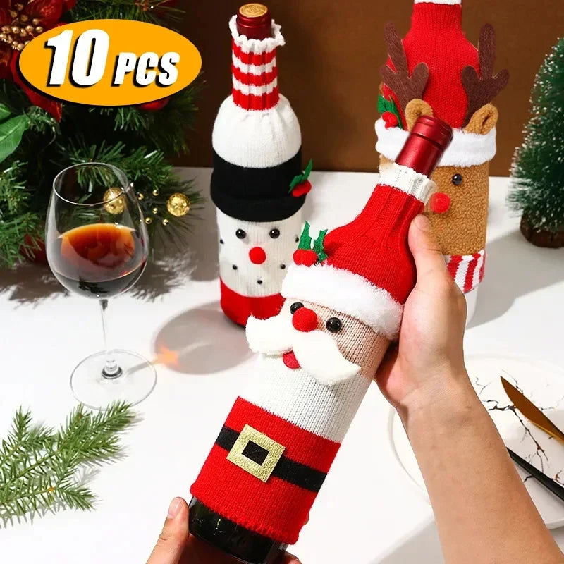 Christmas Knitted Santa Wine Bottle Covers | Festive Table Decor Set