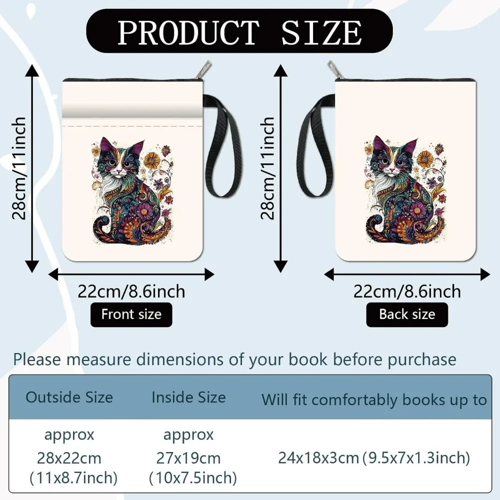 Cat Book Sleeve 11x8.7" – Washable Fabric Cover with Zipper Pocket
