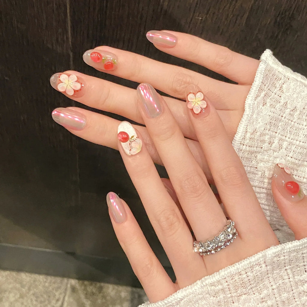Handmade Press-On Nails 3D Strawberry Flower Aurora | 10 Pcs