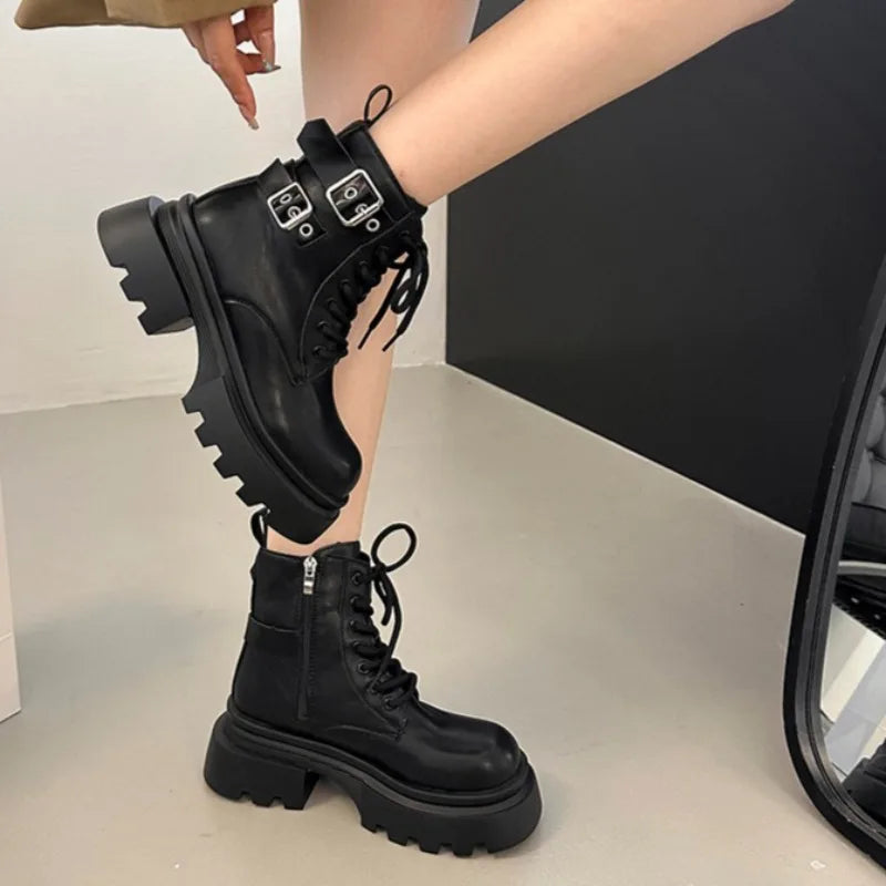 Women's Platform Ankle Boots – Square Heel Zip Buckle Booties