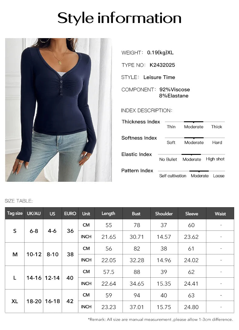 Women's Blue V-Neck Slim Fit Knit Long Sleeve Pullover Top