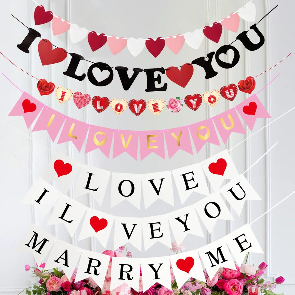 Valentine Hanging Banner Garland Bunting Red Love Heart Paper Door