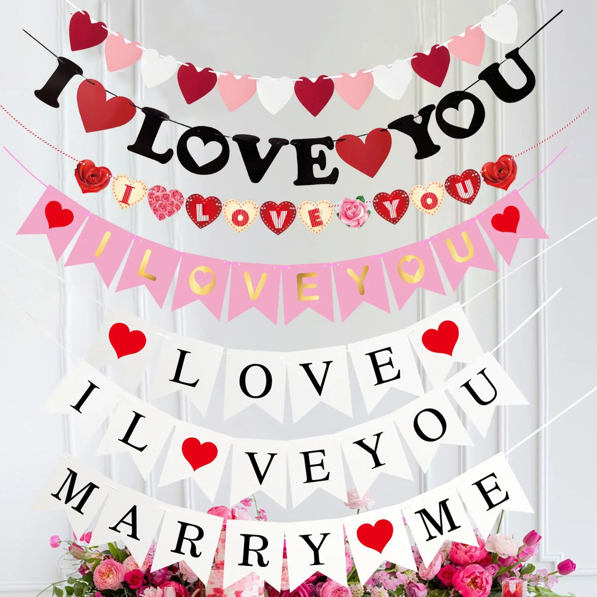 Valentine Hanging Banner Garland Bunting Red Love Heart Paper Door