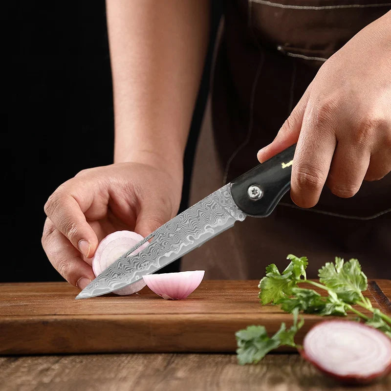 Damascus VG10 Folding Kitchen Knife – Wooden Handle | InLeung