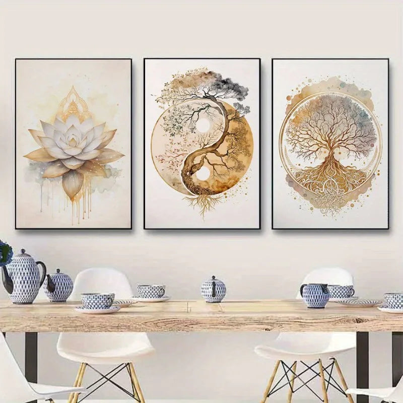 3-Piece Bohemian Lotus & Tree of Life Canvas Wall Art Prints
