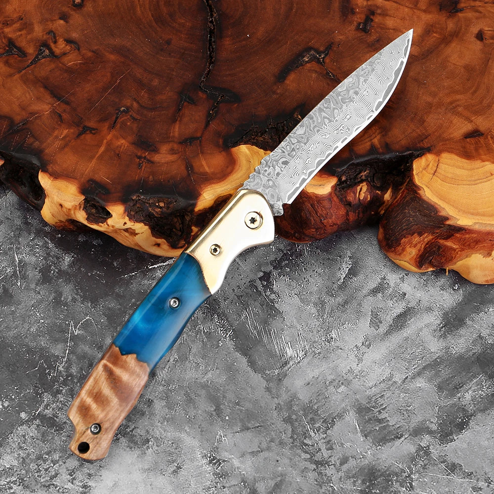 Damascus Steel Folding Knife – Rosewood & Resin Handle | EDC