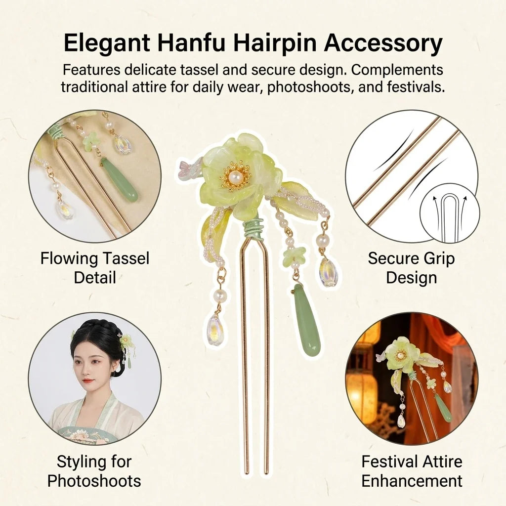 Green Hanfu Hairpin | Alloy Tassel Floral Hair Stick
