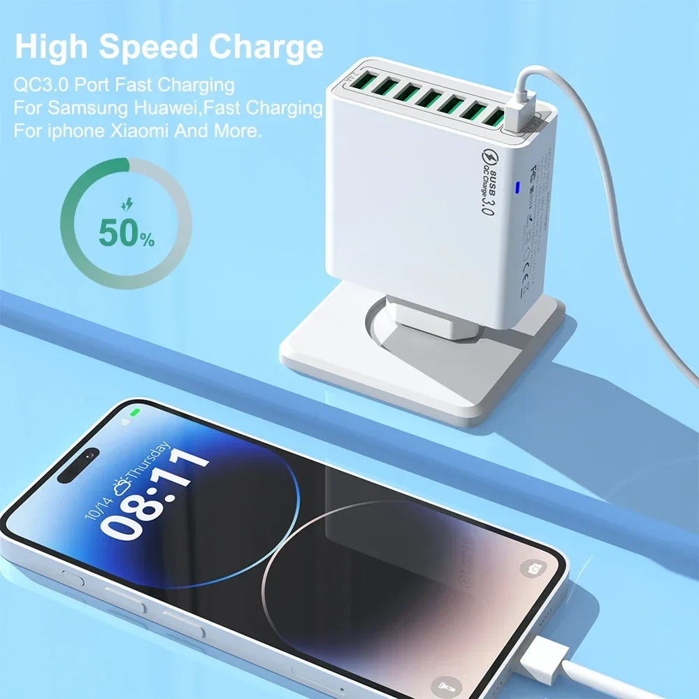 8-Port 65W USB Fast Charger | Quick Charge 3.0 Travel Adapter