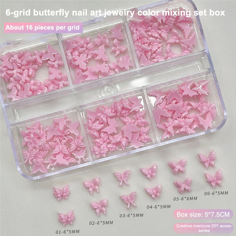 3D Butterfly Nail Charms – 6-Grid Colorful Resin Flat-Back Set