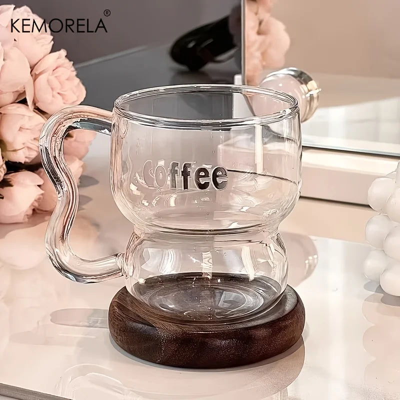 Transparent Glass Coffee Mug with Wooden Handle & Coaster