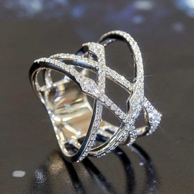 Huitan Double Cross Ring Women – Silver Cubic Zirconia CZ