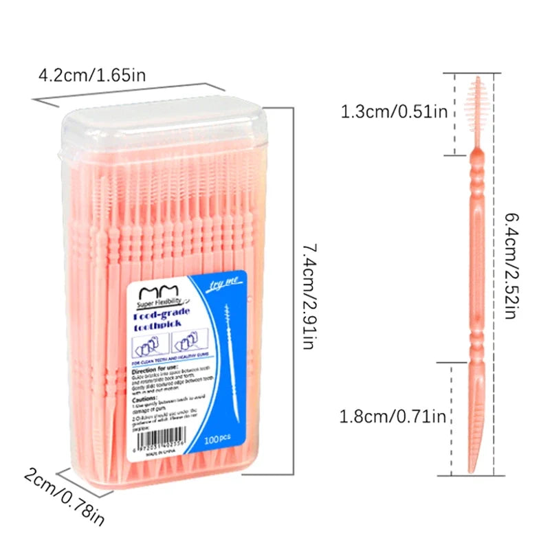 100-Pack Double Head Dental Toothpick Brush & Floss Picks