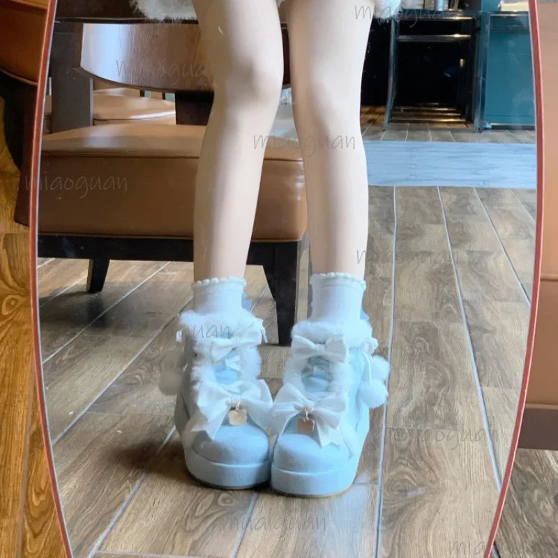 Women's Lolita Platform Snow Boots – Plush Bowknot PU Winter