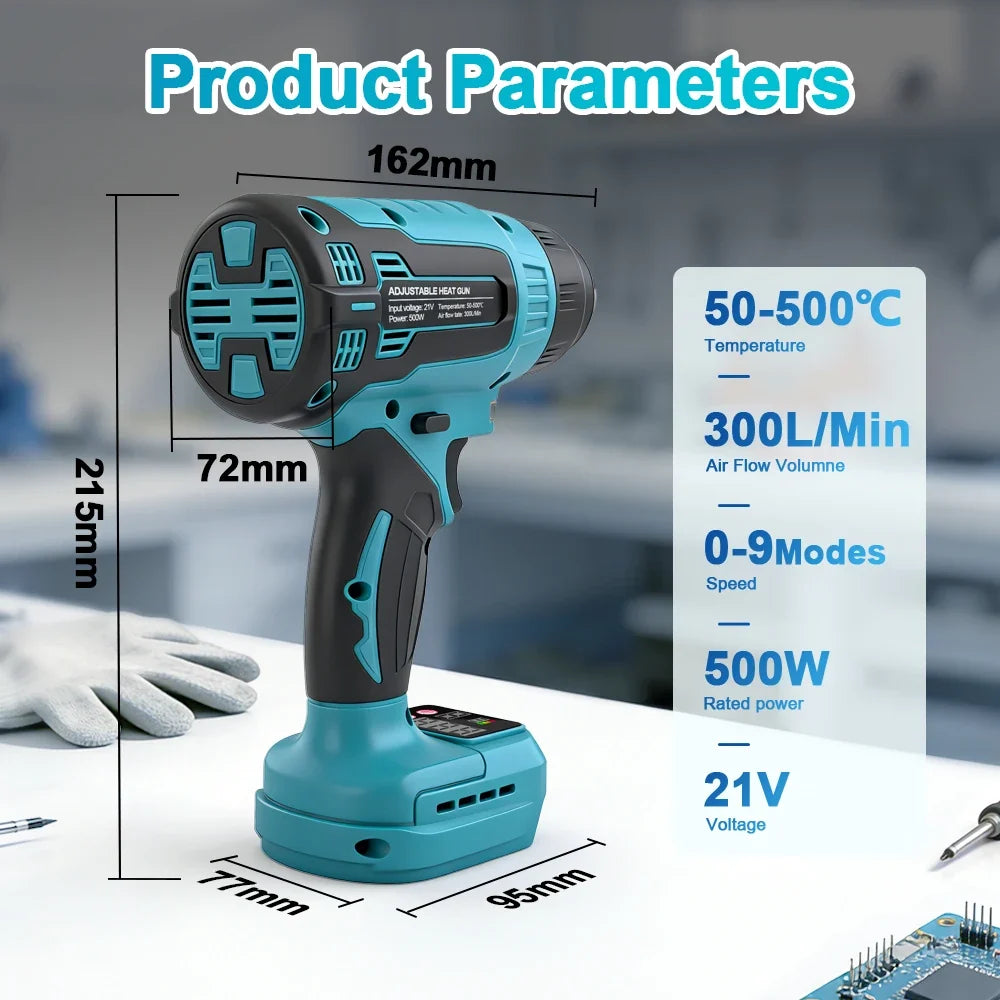 21V Cordless Hot Air Gun 500W 3 Nozzles – Fits Makita Battery