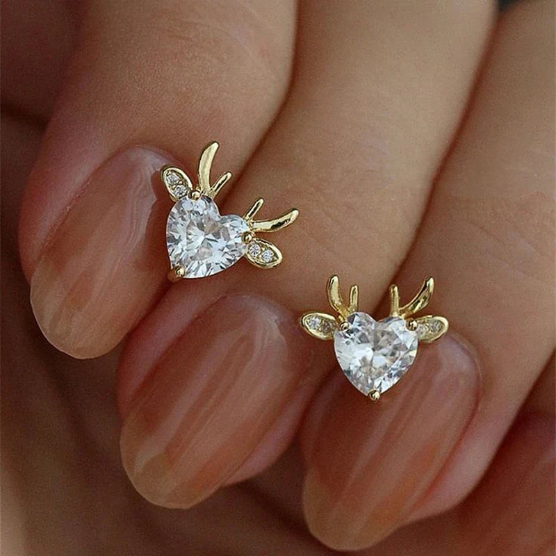 Huitan Elk Stud Earrings – Gold Heart Cubic Zirconia Christmas