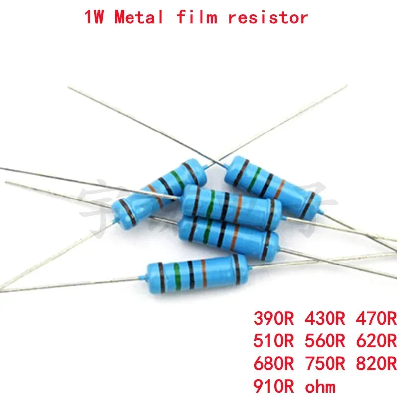 20pcs 1W Metal Film Resistors 1% Tolerance – 390Ω–910Ω Pack