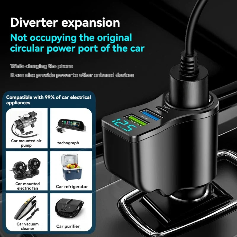 66W Dual USB Car Charger with Digital Display | 3-in-1