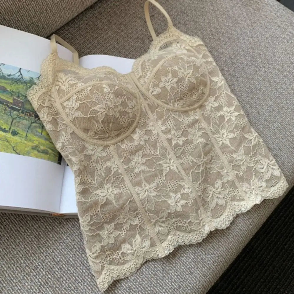 Mesh Flower Lace Crop Camisole Top with Pads | Women's Summer