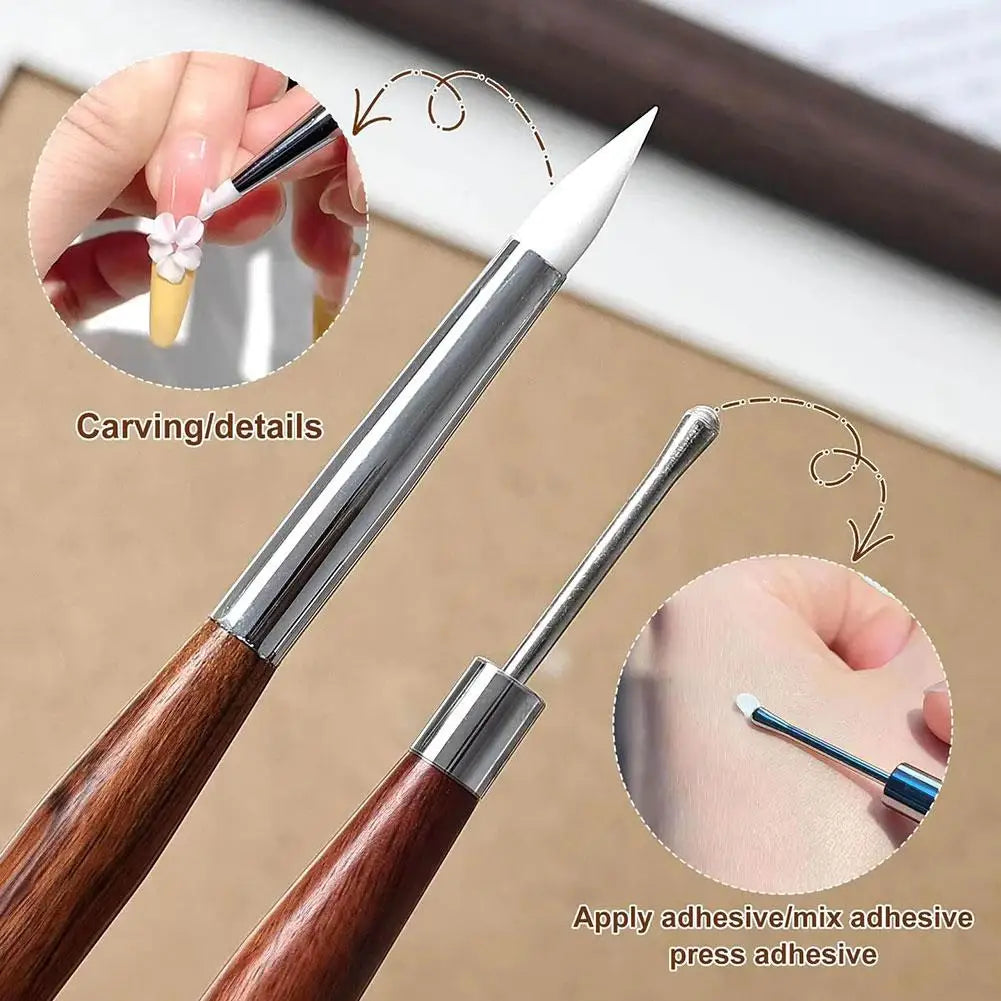 Dual-Head Nail Art Sculpture Pen & Brush – Wood Handle
