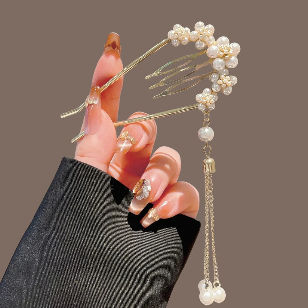 Pearl Fringe U-Shaped Hairpin | Elegant Imitation Pearl Hair Clip