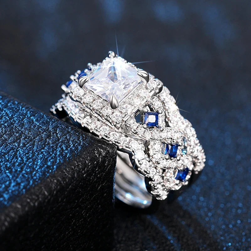Huitan 3-Piece CZ Bridal Ring Set – Princess Wedding Jewelry