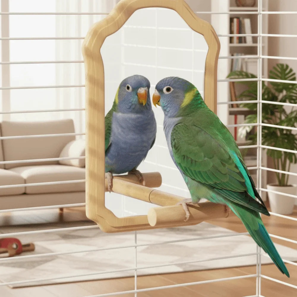 Wooden Bird Mirror Perch – Detachable Parrot Toy | Bite-Resistant