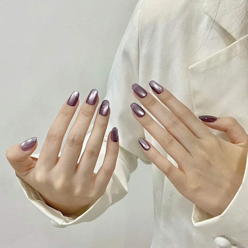 Handmade Nude Pink Cat Eye Press-On Nails | Short Round Set