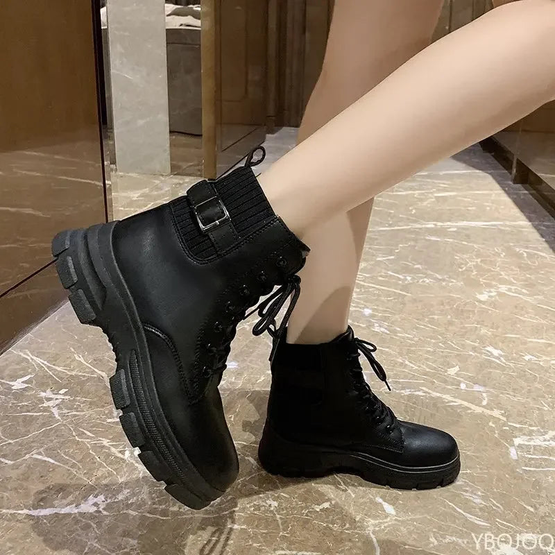 Women's Belt Buckle Ankle Boots – Soft Sole Lace-Up Shoes