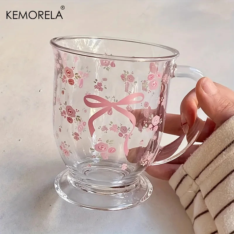 KEMORELA 450ml Floral Rose Glass Cup | U-Shaped Coffee Glass