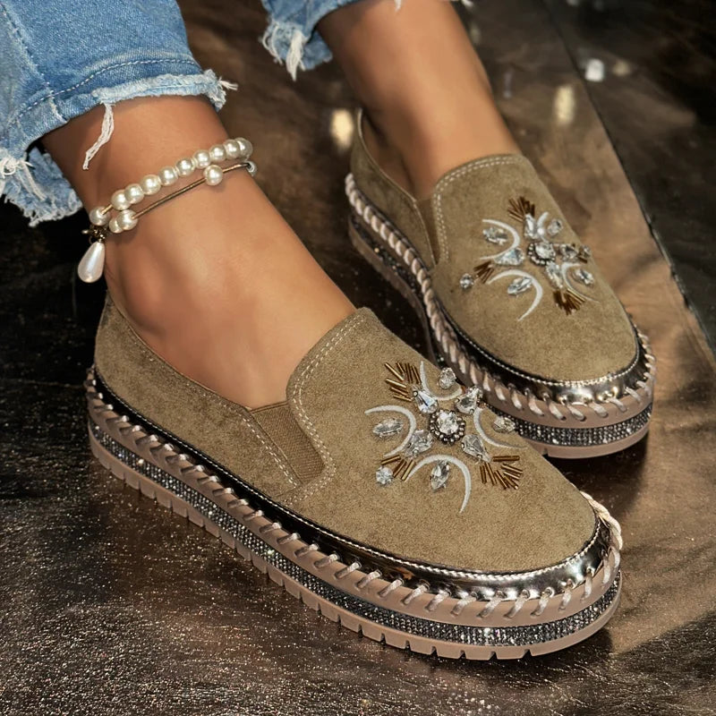 Rhinestone Bow Loafers – Women's Thick Sole Flat Slip-On Shoes