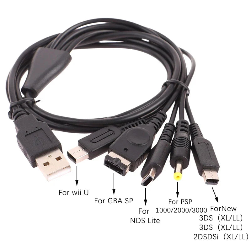 5-in-1 USB Charger Cable 1.2M for Nintendo 3DS, 2DS, GBA SP & Wii U