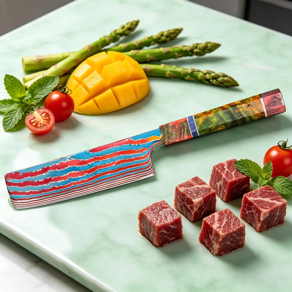 80-Layer Damascus Steel Nakiri Knife – Colored Wood Handle