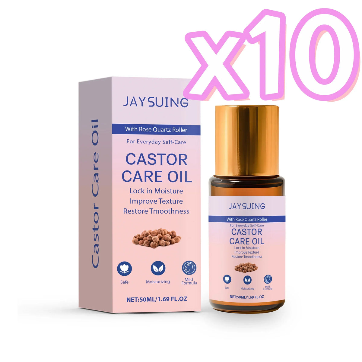 Organic Castor Oil with Rose Quartz Roller – Skin & Hair 50ml