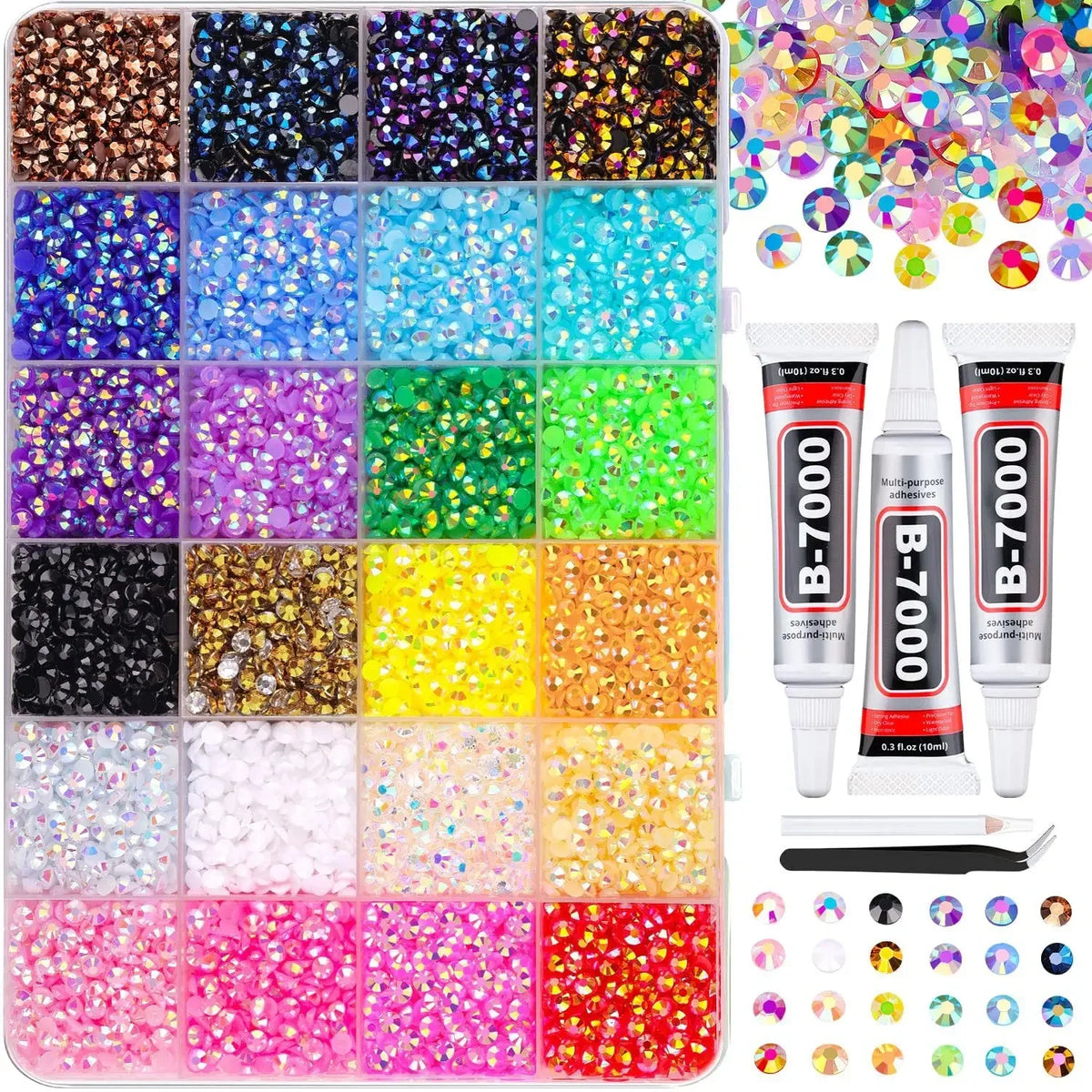 24-Color Jelly Glitter Resin Rhinestones Crystal Nail Gems + Glue