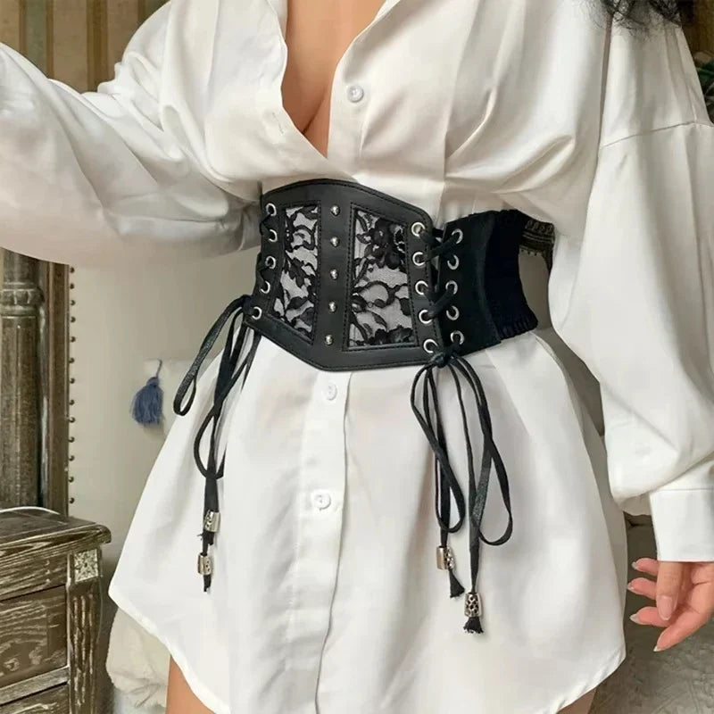 Retro Ladies's Elastic Lace Buckle Corset Belts Goth Punk Dress Black