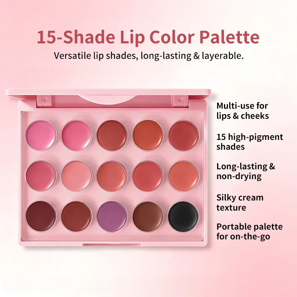 15-Color Lip Palette Kit – Matte Lip Cream, Lipstick & Balm Set