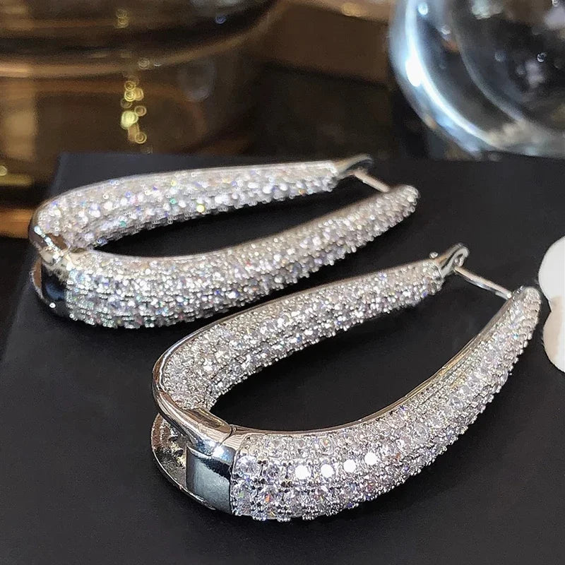Huitan CZ Geometric Oval Hoop Earrings | Luxury Women's Jewelry