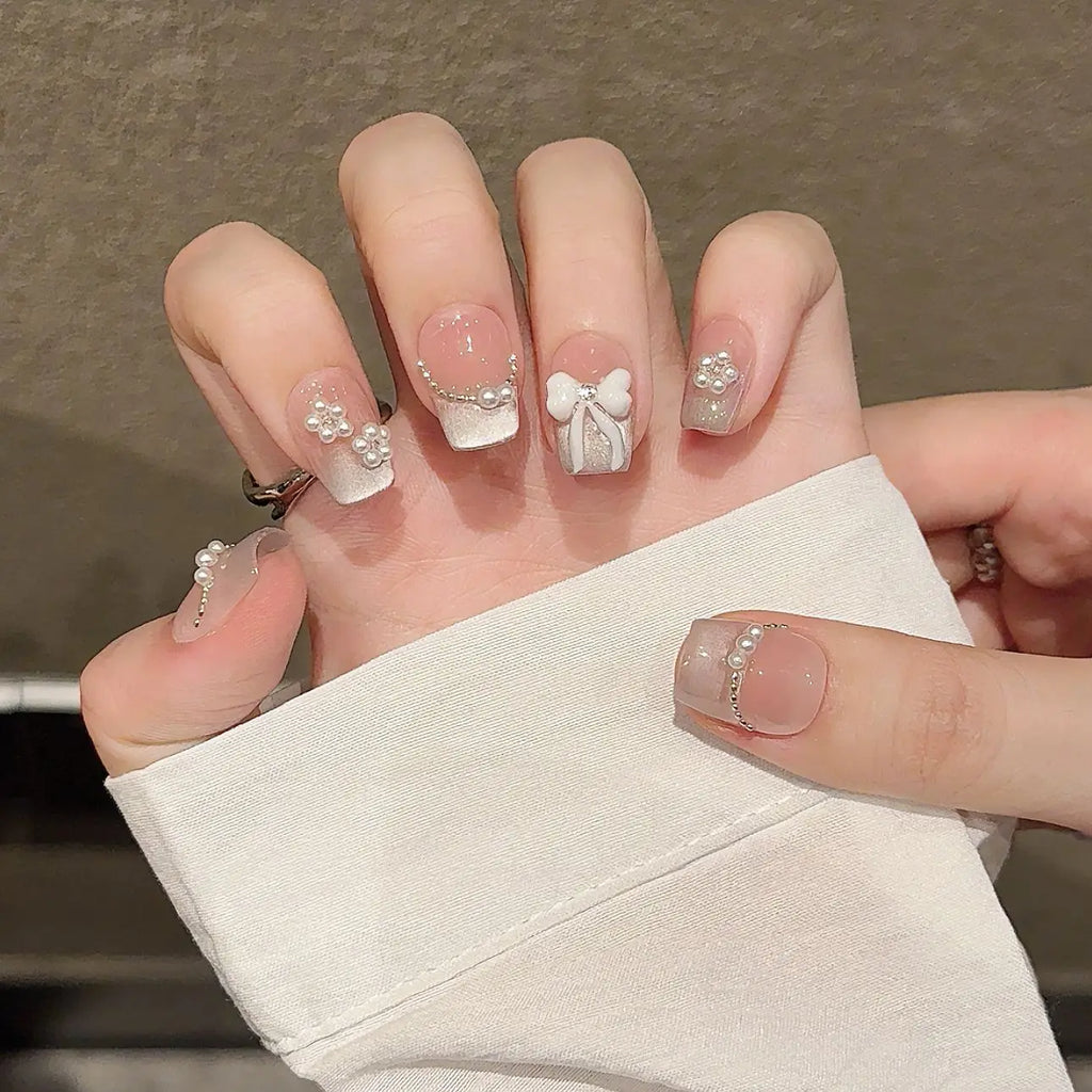 Black Bowknot Press-On Nails | Rhinestone French Short Fake Nails