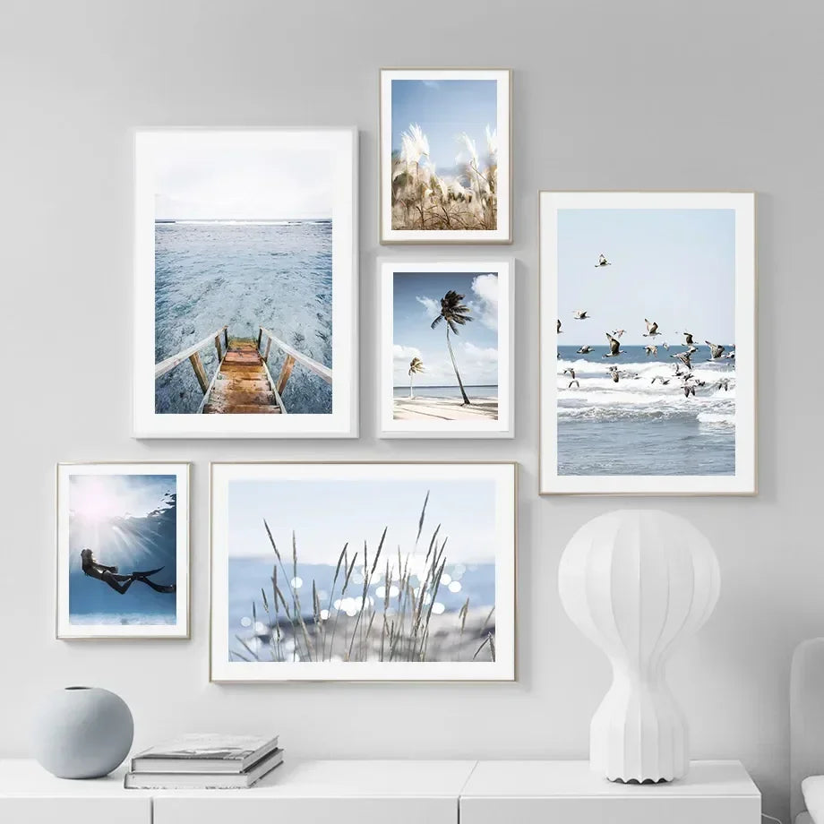 Beach Canvas Wall Art – Waves, Sea Turtles & Coconut Trees