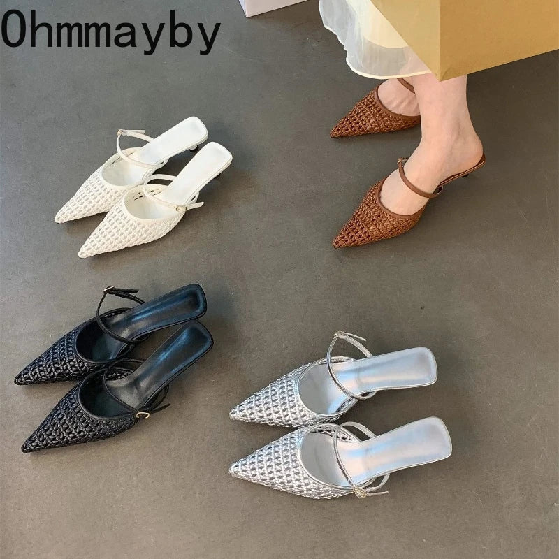Women's Hollow Weave High Heel Mules – Square Heel Dress Slides