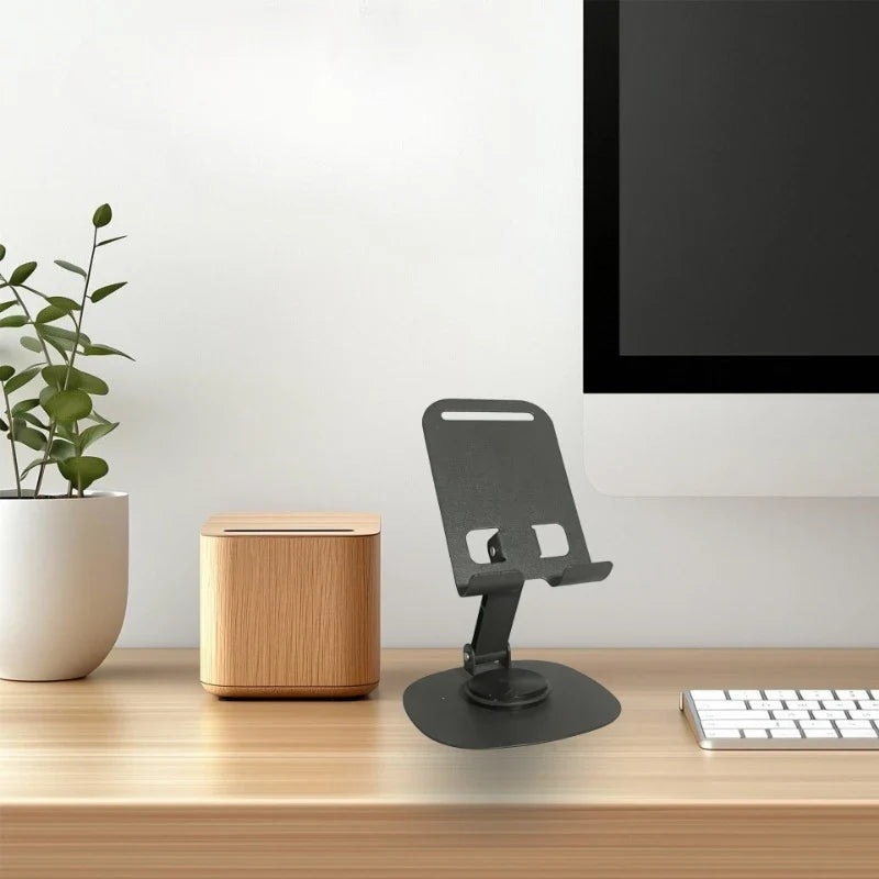 Carbon Steel Phone Stand – 360° Rotating Foldable Desk Mount