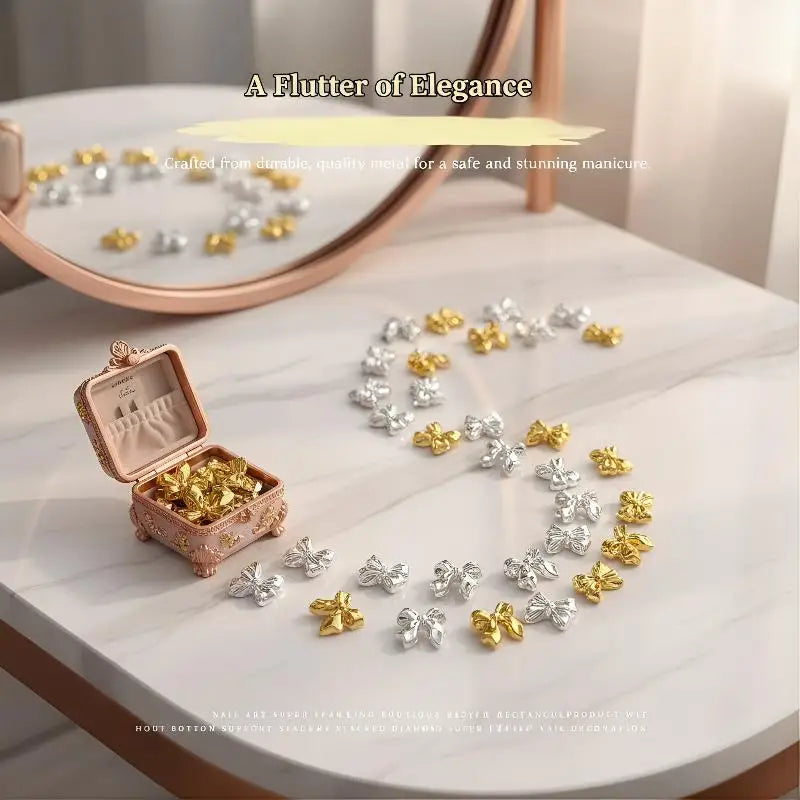 50pcs Gold & Silver Bow Tie Resin Nail Art Charms | Manicure Decor