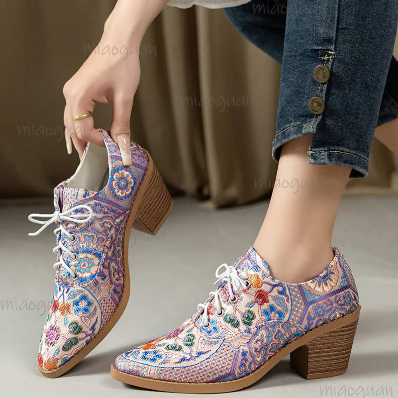 Printed Lace-Up High Heel Pumps – Women's Round Toe Shoes