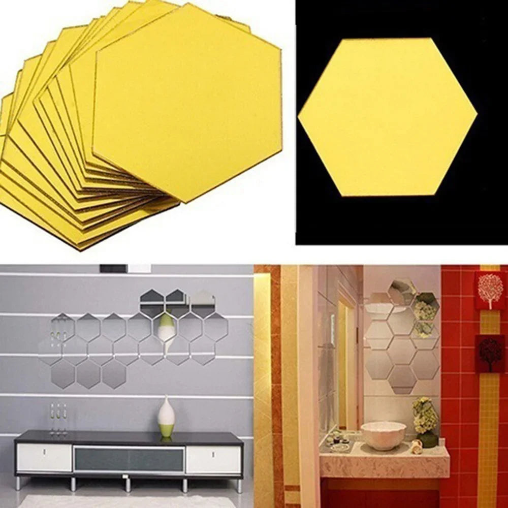 12-Pc 3D Hexagon Acrylic Mirror Wall Stickers | Gold & Silver
