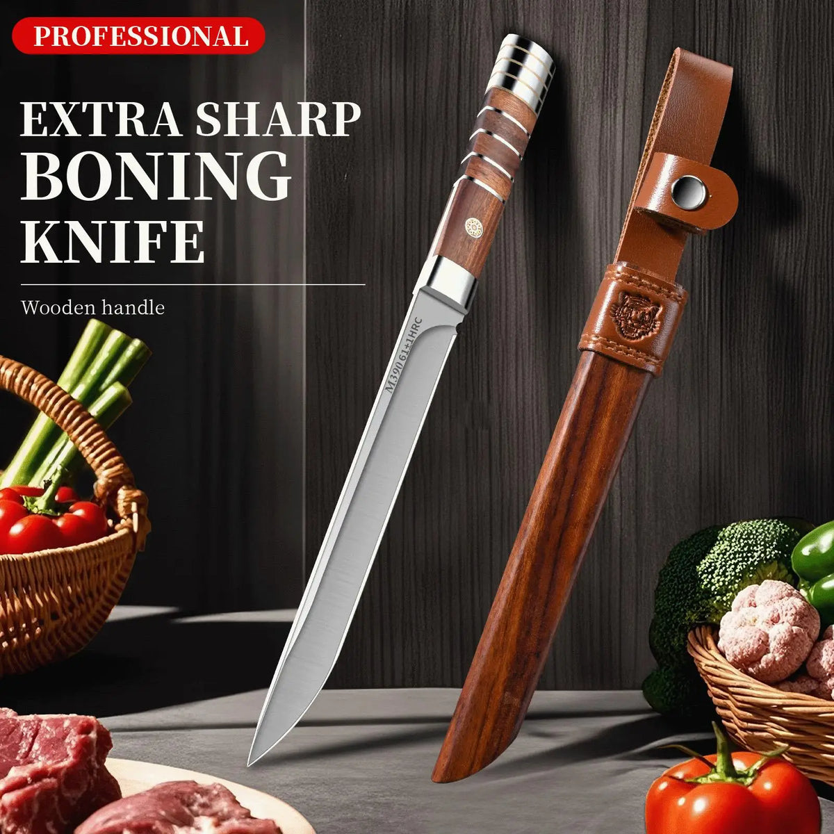 M390 Stainless Steel Boning Knife with Wood Sheath | BBQ
