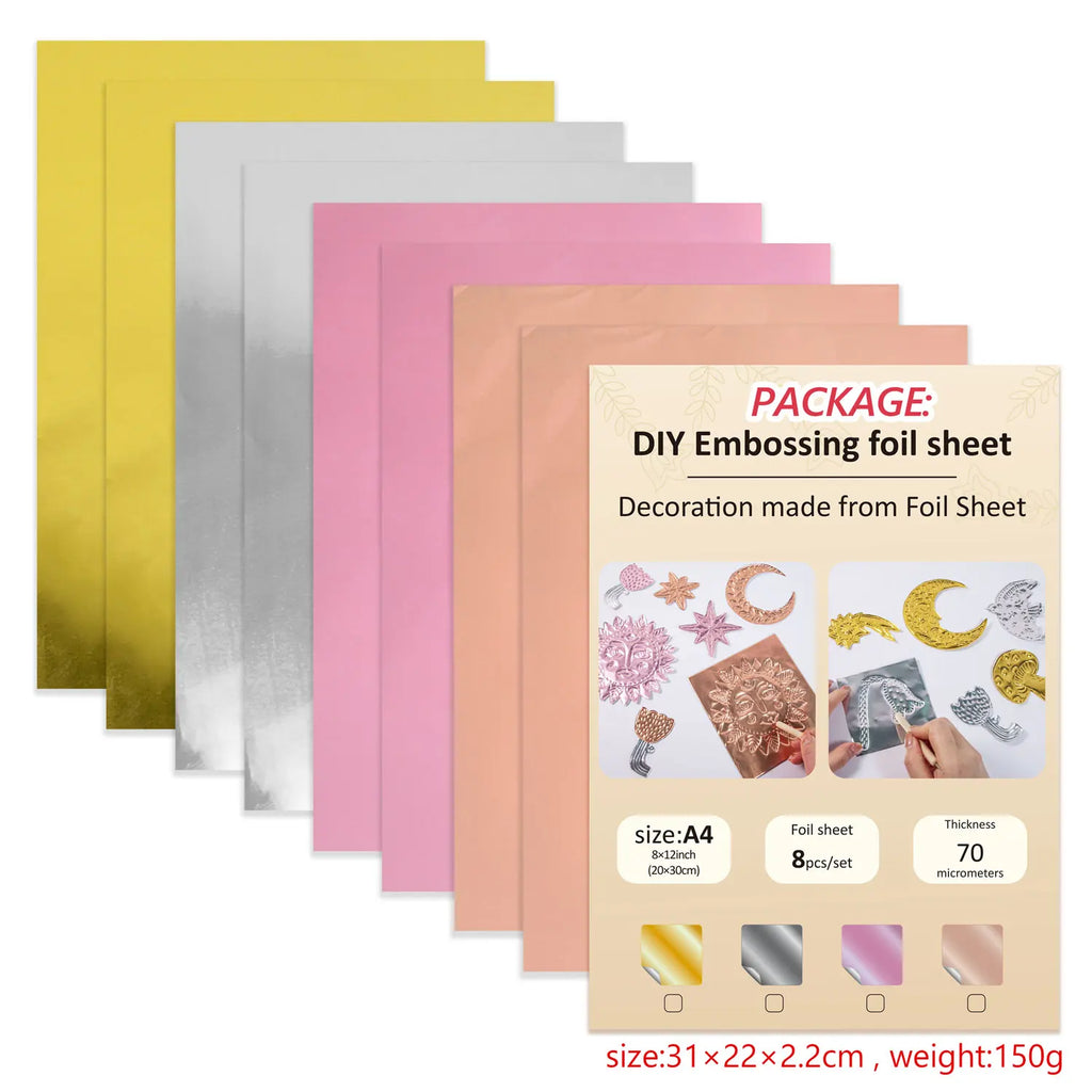 8-Piece Metal Embossing Foil Sheets Kit | Gold Silver Pink Rose Gold